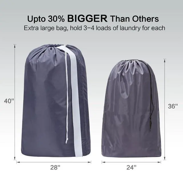 Alt view image 3 of 7 - 2 Pack XL Nylon Laundry Bag with Strap, Large Dirty Garments Organizer, Easy Fit a Hamper or Clothing Basket, Can Carry Up to 4 Loads of Clothes, Grey