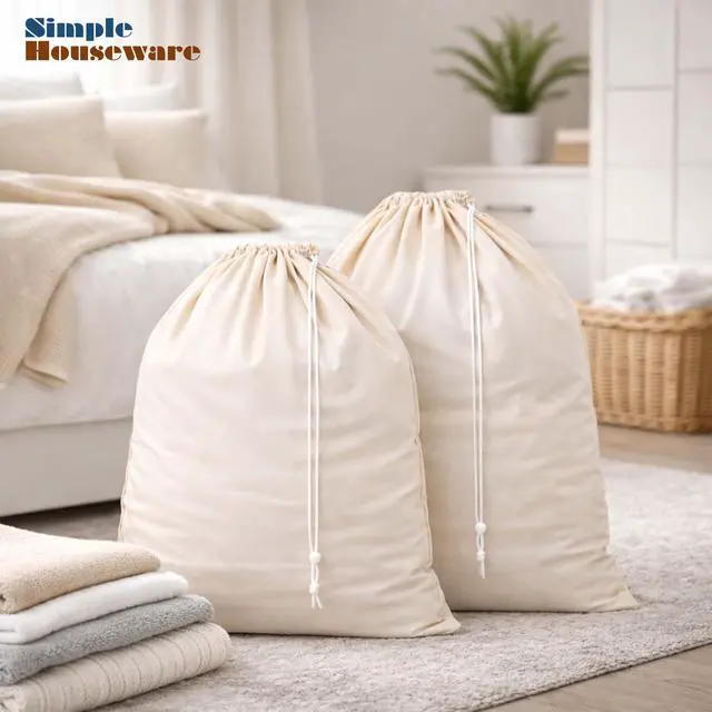 Alt view image 2 of 3 - Extra Large Natural Cotton Laundry Bag, Beige (28" x 36") - 2 Pack
