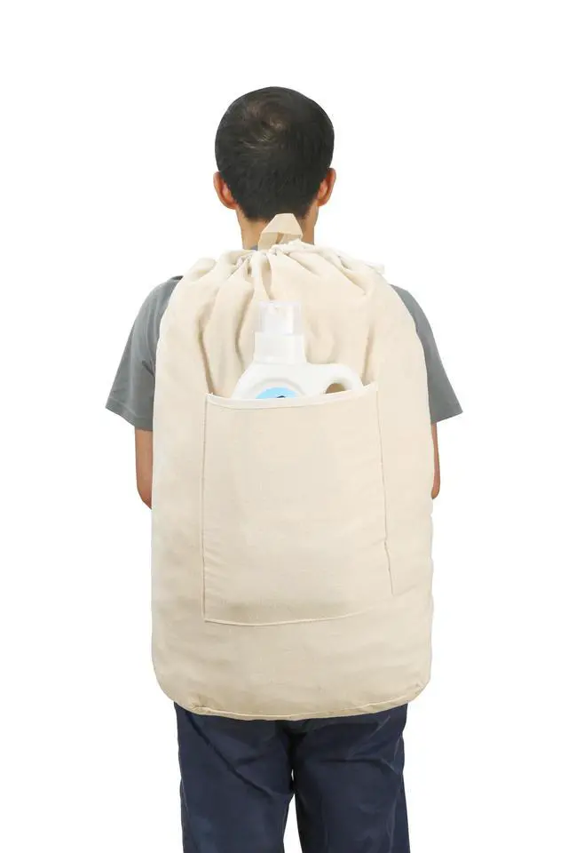 Alt view image 3 of 6 - Canvas Laundry bag, Washable Laundry backpack, Adjustable Straps, Large Front Pocket, Drawstring Closure (BEIGE, X-Large)