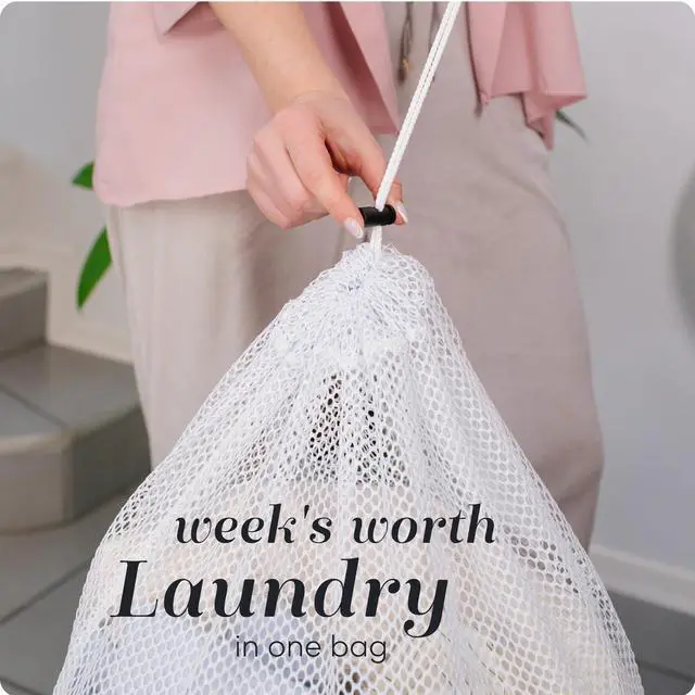 Alt view image 3 of 7 - Mesh Laundry Bag, Extra Large 24" x 36" Heavy Duty, Machine Washable, Secure Drawstring Closure, Durable Mesh for Delicates, Travel, College Dorm, Storage, White