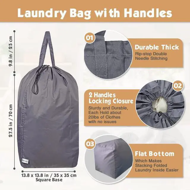 Alt view image 2 of 6 - Washable Travel Laundry Bag with Handles and Drawstring (2 Pack), Heavy Duty Large Enough to Hold 3 Loads of Laundry, Fit a Laundry Basket or Clothes Hamper, 27.5x34.5 in,Grey