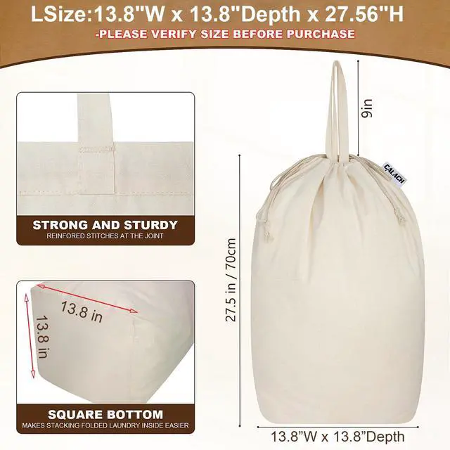 Alt view image 2 of 7 - Canvas Laundry Bags with Handles & Square Base 13.8"Wx13.8"Dx27.6"H, Large Heavy Duty Laundry Hamper Bag, College Dorm Washable Drawstring Canvas Dirty Clothes Sack (Beige,1 Pack)