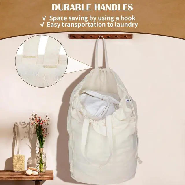 Alt view image 4 of 7 - Canvas Laundry Bags with Handles & Square Base 13.8"Wx13.8"Dx27.6"H, Large Heavy Duty Laundry Hamper Bag, College Dorm Washable Drawstring Canvas Dirty Clothes Sack (Beige,1 Pack)