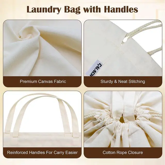 Alt view image 6 of 7 - Canvas Laundry Bags with Handles & Square Base 13.8"Wx13.8"Dx27.6"H, Large Heavy Duty Laundry Hamper Bag, College Dorm Washable Drawstring Canvas Dirty Clothes Sack (Beige,1 Pack)