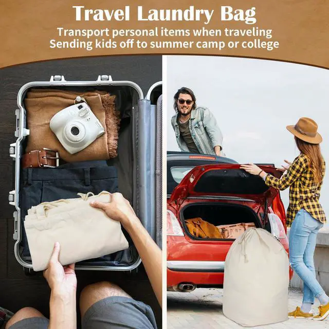 Alt view image 7 of 7 - Canvas Laundry Bags with Handles & Square Base 13.8"Wx13.8"Dx27.6"H, Large Heavy Duty Laundry Hamper Bag, College Dorm Washable Drawstring Canvas Dirty Clothes Sack (Beige,1 Pack)