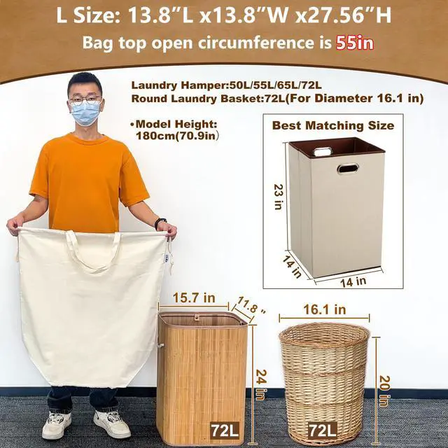 Alt view image 3 of 7 - Canvas Laundry Bags with Handles & Square Base 13.8"Wx13.8"Dx27.6"H, Large Heavy Duty Laundry Hamper Bag, College Dorm Washable Drawstring Canvas Dirty Clothes Sack (Beige,1 Pack)