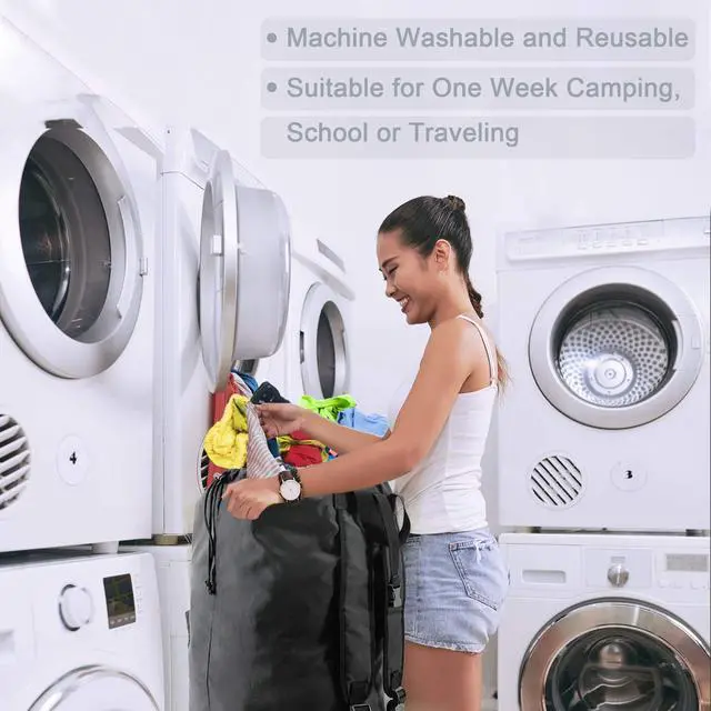 Alt view image 6 of 6 - Laundry Bag Backpack w Adjustable Shoulder Straps College Dorm Essentials w Drawstring Closure for Travel Camp Heavy Duty Laundry Hamper Backpack Portable w Handle Xlarge Black