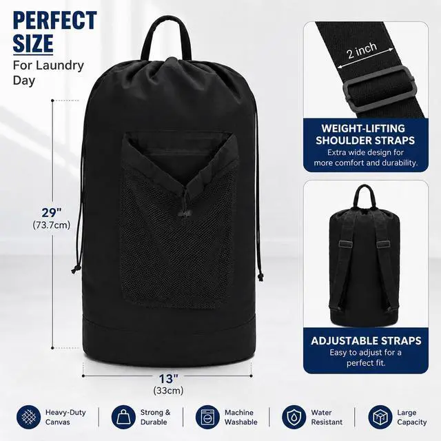 Alt view image 2 of 7 - Laundry Bag Backpack Large Capacity Travel Laundry Bag for College Dorm (Black)