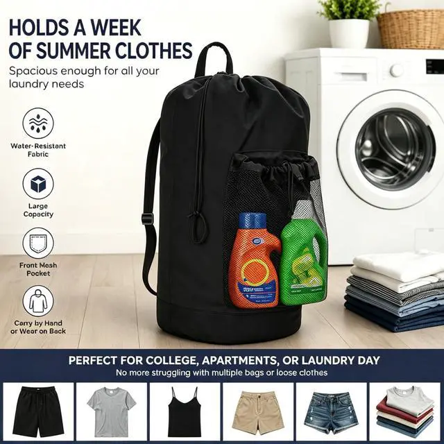 Alt view image 3 of 7 - Laundry Bag Backpack Large Capacity Travel Laundry Bag for College Dorm (Black)