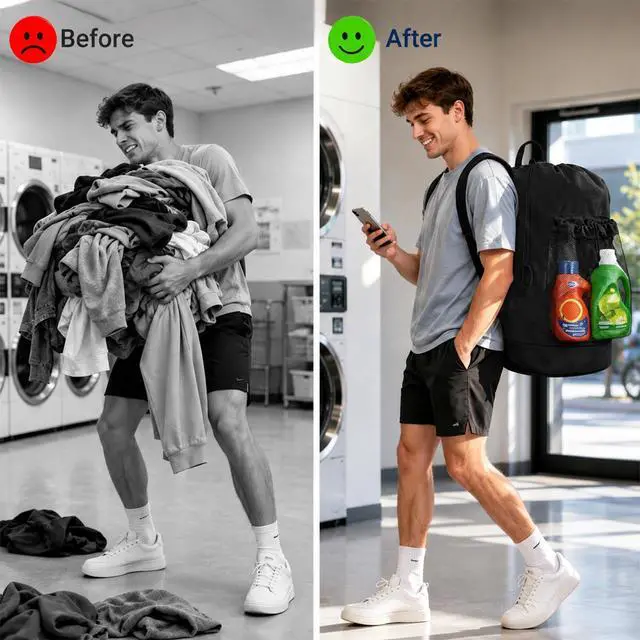 Alt view image 5 of 7 - Laundry Bag Backpack Large Capacity Travel Laundry Bag for College Dorm (Black)