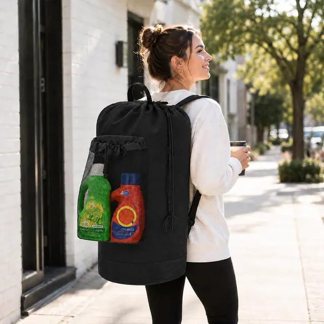 Alt view image 7 of 7 - Laundry Bag Backpack Large Capacity Travel Laundry Bag for College Dorm (Black)