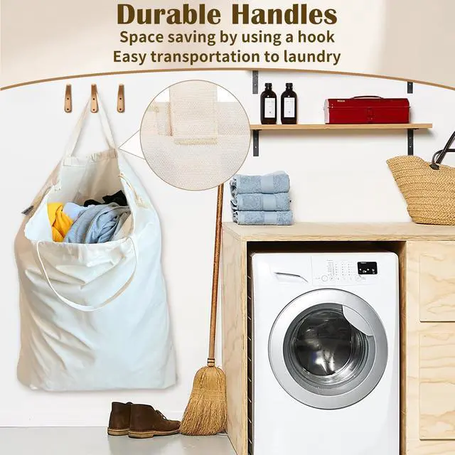 Alt view image 4 of 7 - Canvas Laundry Bag 33"Wx 35"H, Thick Canvas Laundry Bag with Handles & Drawstring, Extra Large Heavy Duty Washable Basket Liner Hamper Liner Storage Sack (Beige XL, 1 Pack)