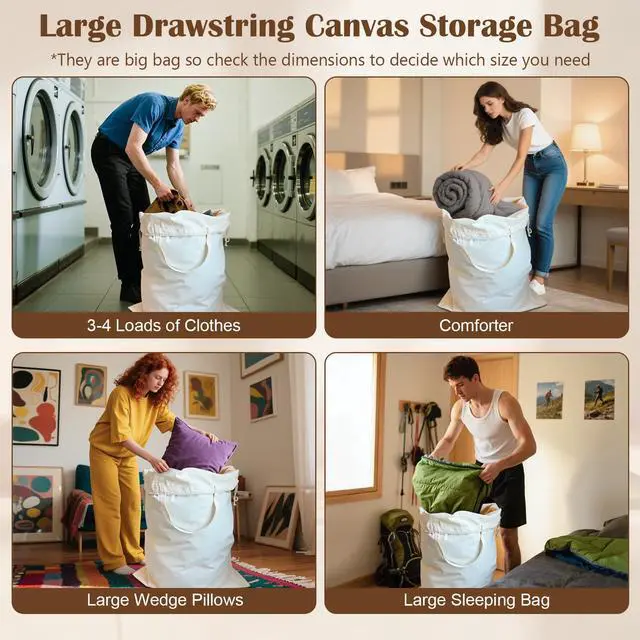 Alt view image 5 of 7 - Canvas Laundry Bag 33"Wx 35"H, Thick Canvas Laundry Bag with Handles & Drawstring, Extra Large Heavy Duty Washable Basket Liner Hamper Liner Storage Sack (Beige XL, 1 Pack)