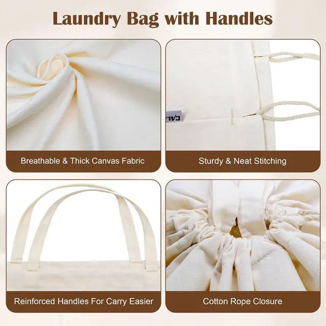 Alt view image 6 of 7 - Canvas Laundry Bag 33"Wx 35"H, Thick Canvas Laundry Bag with Handles & Drawstring, Extra Large Heavy Duty Washable Basket Liner Hamper Liner Storage Sack (Beige XL, 1 Pack)