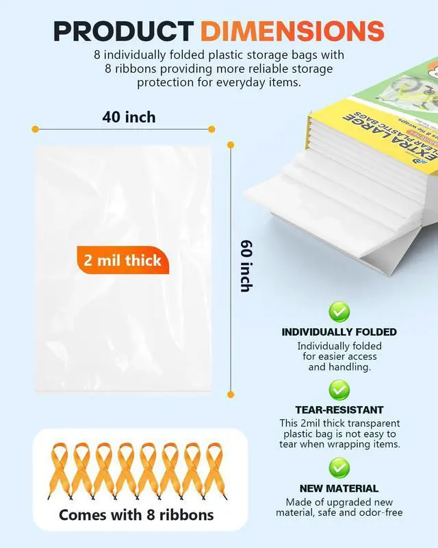 Alt view image 2 of 7 - 40x60 Inch Extra Large Clear Plastic Storage Bag for Luggage Cover, 8 Pack