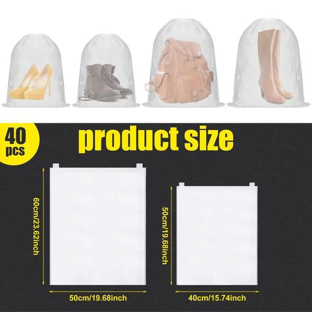 Alt view image 2 of 7 - 40 Pcs Dust Bags for Handbags Drawstring Dust Proof Purse Storage Bags, 2 Size Non Woven Breathable Fabric Shoes Pouch for Purse Backpack Boots Cloth Storage Travel Package Organizer, White