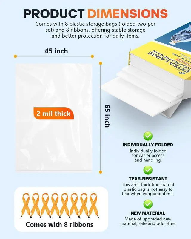 Alt view image 2 of 7 - 45x65 Inch Extra Large Clear Plastic Storage Bag for Luggage Cover, 8 Pack