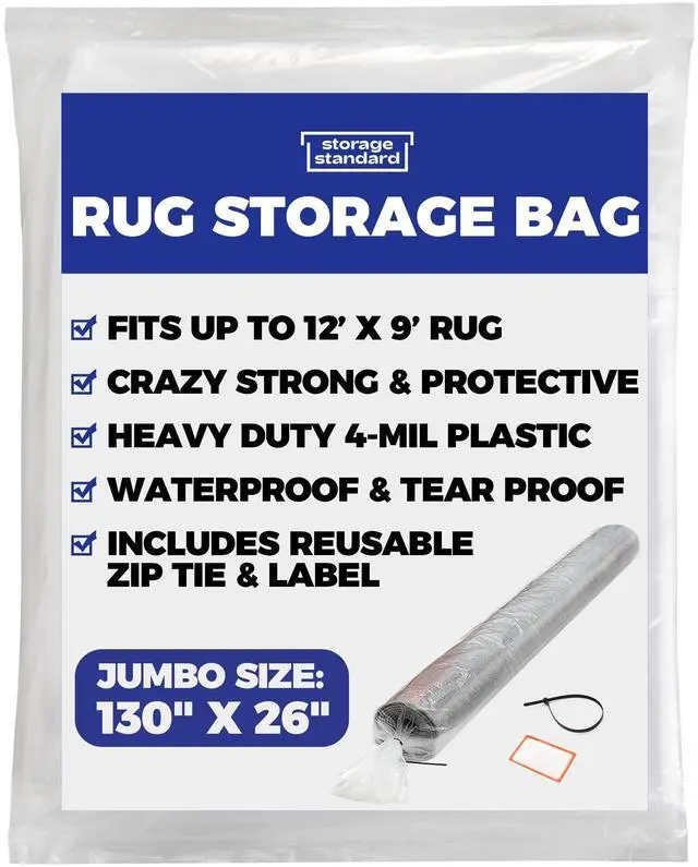 Main image of Heavy Duty Rug Storage Bag - Reusable Rug Shipping Bag, Waterproof Plastic Rug Cover - Fits Rolled Carpet Up to 9 x 12 Feet, 4 Mil Thick Tear Proof Plastic Storage Bag - 1 Clear Bag, 130 x 26 Inches