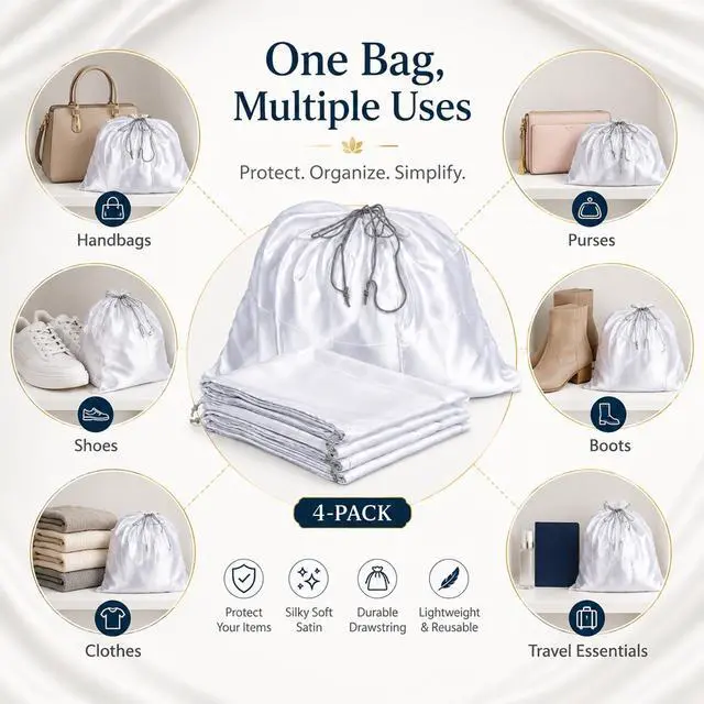 Alt view image 5 of 7 - 4 Pack Dust Bags for Handbags - Silk Purse Dust Bags for Handbag Storage,Purses Handbags Shoes Clothes Travel,Large Dustproof Drawstring Bag,15.7 × 19.6 Inch