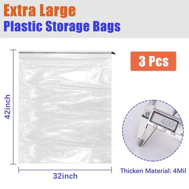 Alt view image 2 of 7 - 32x42 Inch Extra Large Clear Drawstring Plastic Bags 3 Pack(4 Mils), Dustproof Moistureproof Reusable Big Giant Luggage Storage Bag for Suitcase Garage Organizer, Blanket, Plush Toys