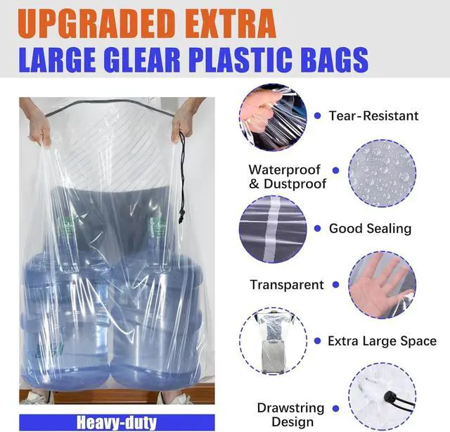 Alt view image 3 of 7 - 32x42 Inch Extra Large Clear Drawstring Plastic Bags 3 Pack(4 Mils), Dustproof Moistureproof Reusable Big Giant Luggage Storage Bag for Suitcase Garage Organizer, Blanket, Plush Toys