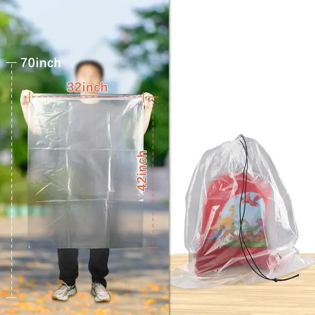 Alt view image 5 of 7 - 32x42 Inch Extra Large Clear Drawstring Plastic Bags 3 Pack(4 Mils), Dustproof Moistureproof Reusable Big Giant Luggage Storage Bag for Suitcase Garage Organizer, Blanket, Plush Toys
