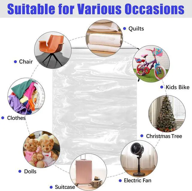 Alt view image 4 of 7 - 32x42 Inch Extra Large Clear Drawstring Plastic Bags 3 Pack(4 Mils), Dustproof Moistureproof Reusable Big Giant Luggage Storage Bag for Suitcase Garage Organizer, Blanket, Plush Toys