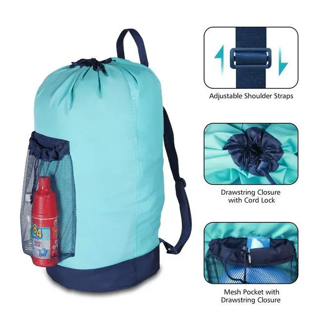Alt view image 3 of 7 - Laundry Backpack with Shoulder Straps and Mesh Pocket Durable Nylon Clothes Hamper Bag with Drawstring Closure for College, Travel, Laundromat, Apartment