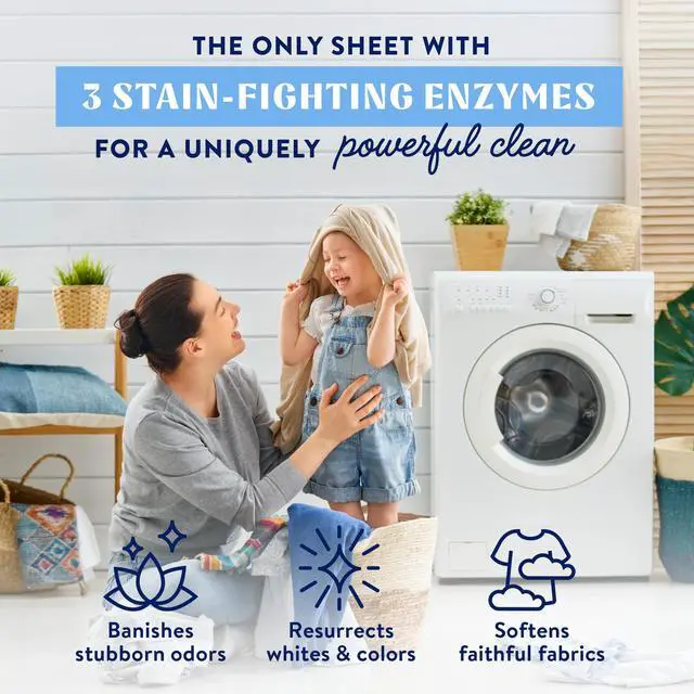 Alt view image 2 of 7 - Laundry Detergent Sheets - Resealable Box - 3 Stain Fighting Enzymes - Fresh Linen - 60 Loads - Free of Harsh Chemicals - No Mess - No Plastic Waste