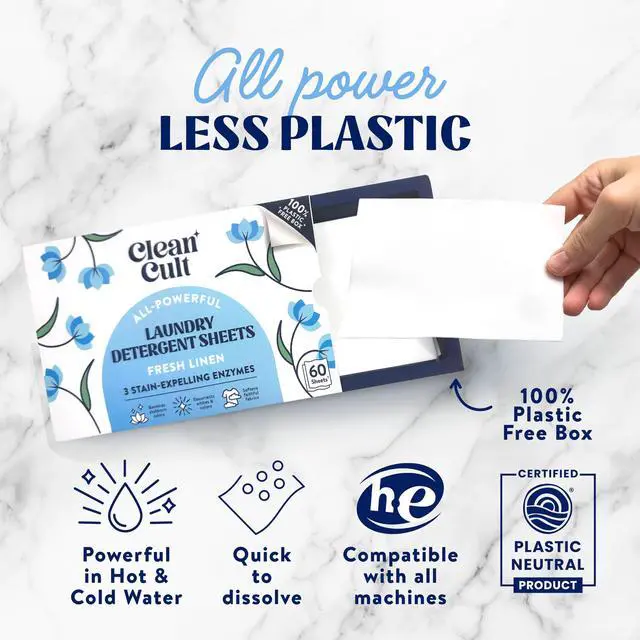 Alt view image 3 of 7 - Laundry Detergent Sheets - Resealable Box - 3 Stain Fighting Enzymes - Fresh Linen - 60 Loads - Free of Harsh Chemicals - No Mess - No Plastic Waste