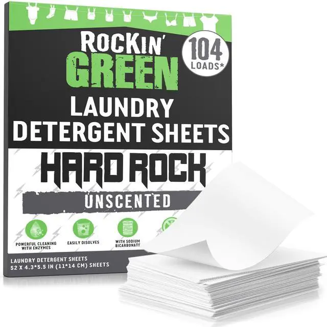 Main image of Hard Rock Travel Laundry Detergent Sheets for Hard Water - Mess-Free Laundry Sheet Detergent with Sodium Bicarbonate - Easily Dissolvable Laundry Soap Sheets (104 Loads, Unscented)