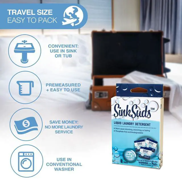 Alt view image 3 of 6 - SinkSuds Laundry Detergent, Travel Size Liquid Soap, TSA Compliant, Safe For All Fabrics, 8 Packets (Packaging May Vary)