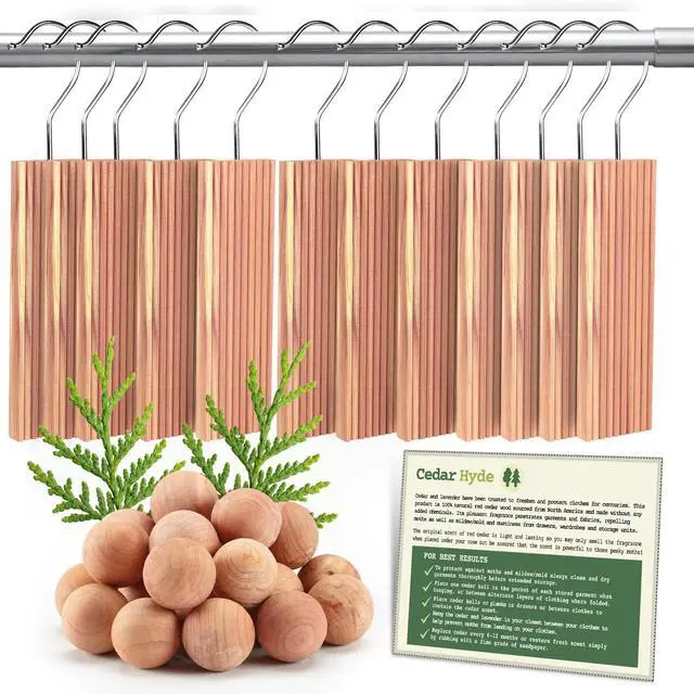 Main image of Cedar Hyde Cedar Blocks for Clothes Storage | Cedar Hang Ups & Cedar Balls | Dresser Drawer Freshener Odor Eliminator | 22 Pieces, 12 Cedar Hang Ups & Bonus 10 Cedar Balls | U.S.A Seller