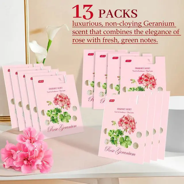 Alt view image 6 of 7 - 13 Packs Geranium Scented Sachets, Fragrance Sachet Bags for Drawers and Closets, Air Fresheners for Car and Home, Closet Deodorizer Scented Drawer Fresheners for Dresser