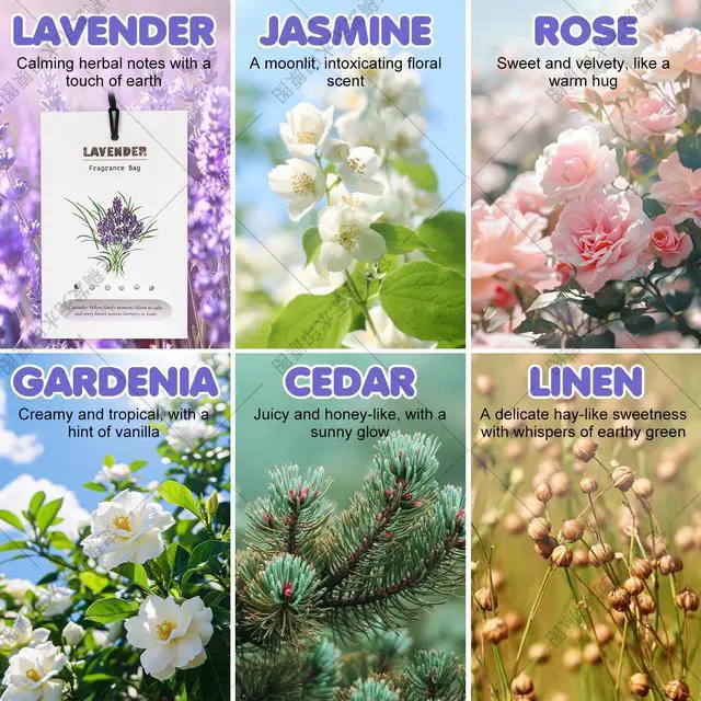 Alt view image 5 of 6 - 6-in-1 Natural Scented Sachets - 8 Pack Mixed Fragrance Collection with Rose, Lavender, Cedar, Linen, Jasmine & Gardenia for Home, Closet, Drawer | Long Lasting Air Freshener & Deodorizer