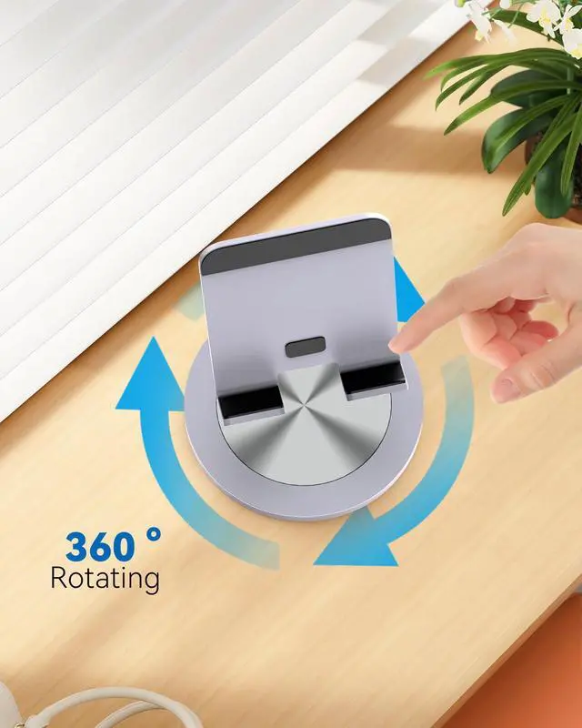 Alt view image 2 of 7 - Phone Stand for Desk, 360° Rotating Dual Adjustable Foldable Cell Phone Holder, Heavy Solid All-Aluminum Base Anti-Slip Stable Support for Home Office Study, Fits iPhone Galaxy 4-8" Phones