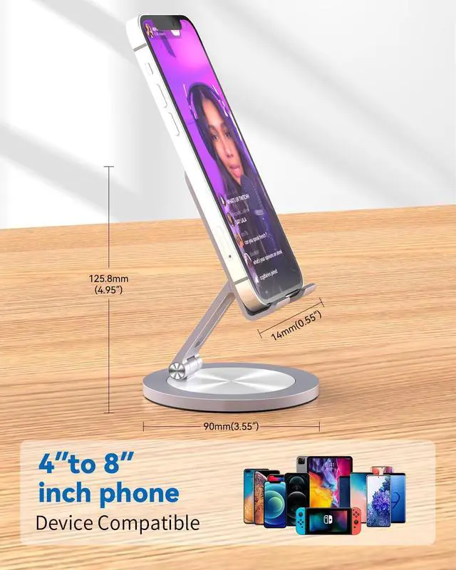 Alt view image 6 of 7 - Phone Stand for Desk, 360° Rotating Dual Adjustable Foldable Cell Phone Holder, Heavy Solid All-Aluminum Base Anti-Slip Stable Support for Home Office Study, Fits iPhone Galaxy 4-8" Phones