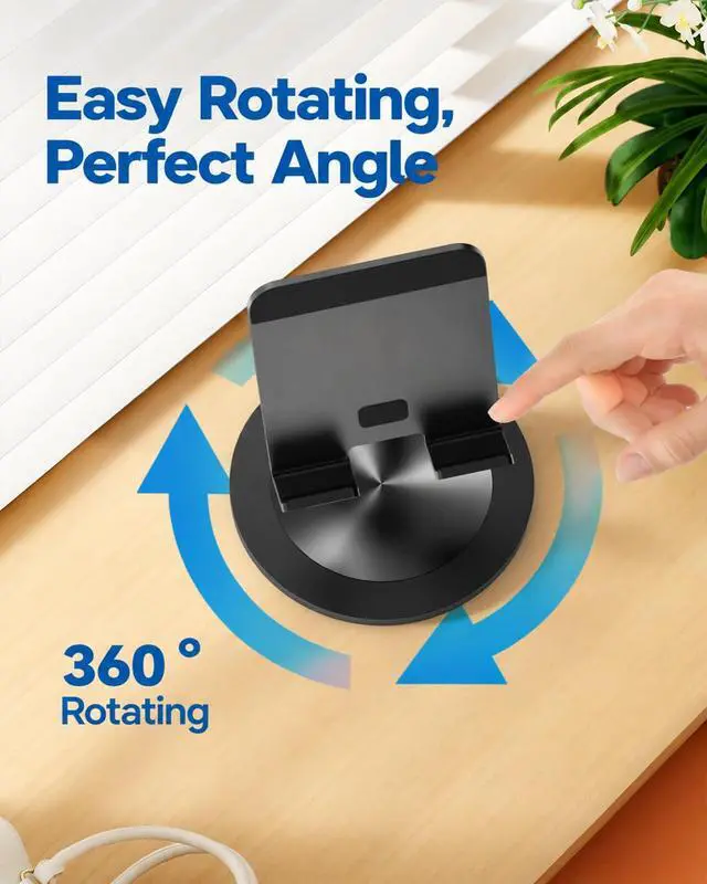 Alt view image 2 of 7 - Phone Stand for Desk, 360° Rotating Dual Adjustable Foldable Cell Phone Holder, Heavy Solid All-Aluminum Base Anti-Slip Stable Support for Home Office Study, Fits iPhone Galaxy 4-8" Phones