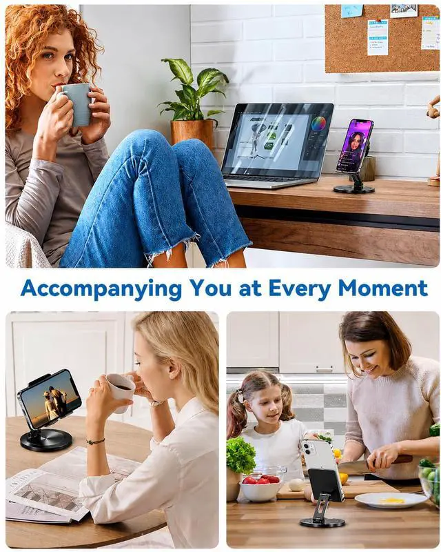 Alt view image 3 of 7 - Phone Stand for Desk, 360° Rotating Dual Adjustable Foldable Cell Phone Holder, Heavy Solid All-Aluminum Base Anti-Slip Stable Support for Home Office Study, Fits iPhone Galaxy 4-8" Phones
