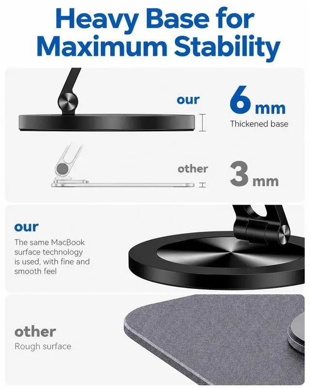 Alt view image 4 of 7 - Phone Stand for Desk, 360° Rotating Dual Adjustable Foldable Cell Phone Holder, Heavy Solid All-Aluminum Base Anti-Slip Stable Support for Home Office Study, Fits iPhone Galaxy 4-8" Phones