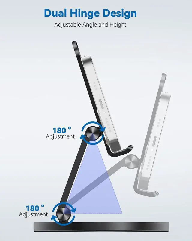 Alt view image 6 of 7 - Phone Stand for Desk, 360° Rotating Dual Adjustable Foldable Cell Phone Holder, Heavy Solid All-Aluminum Base Anti-Slip Stable Support for Home Office Study, Fits iPhone Galaxy 4-8" Phones