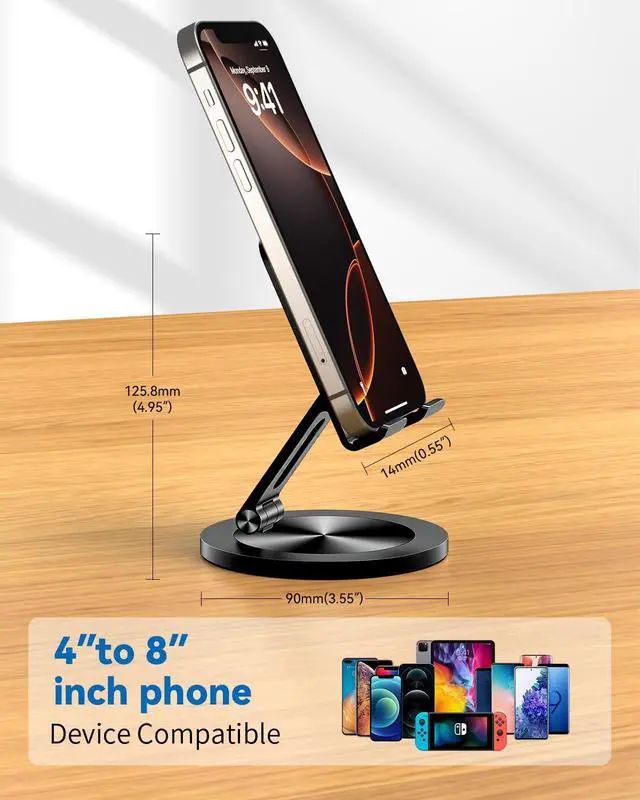 Alt view image 7 of 7 - Phone Stand for Desk, 360° Rotating Dual Adjustable Foldable Cell Phone Holder, Heavy Solid All-Aluminum Base Anti-Slip Stable Support for Home Office Study, Fits iPhone Galaxy 4-8" Phones