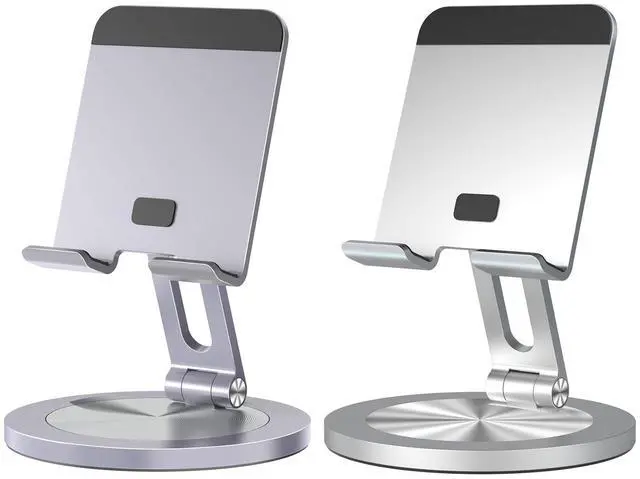 Main image of Phone Stand for Desk, 360° Rotating Dual Adjustable Foldable Cell Phone Holder, Heavy Solid All-Aluminum Base Anti-Slip Stable Support for Home Office Study, Fits iPhone Galaxy 4-8" Phones
