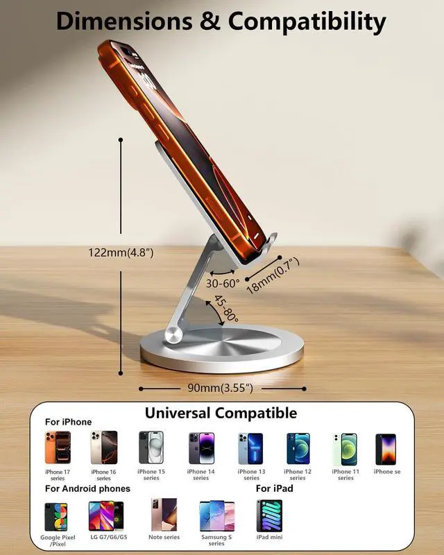 Alt view image 7 of 7 - Phone Stand for Desk, 360° Rotating Dual Adjustable Foldable Cell Phone Holder, Heavy Solid All-Aluminum Base Anti-Slip Stable Support for Home Office Study, Fits iPhone Galaxy 4-8" Phones
