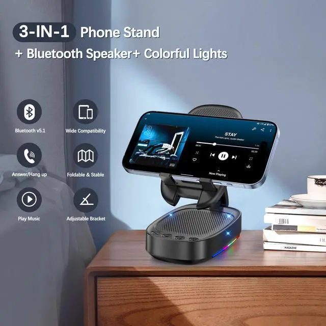 Alt view image 2 of 7 - Cell Phone Stand with Wireless Bluetooth Speaker, Unique Gifts for Men/Women, Adjustable Phone Holder with 5 LED Light Modes, Anti-Slip Base HD Surround Sound, Phone Speaker Amplifier for iPhone/iPad