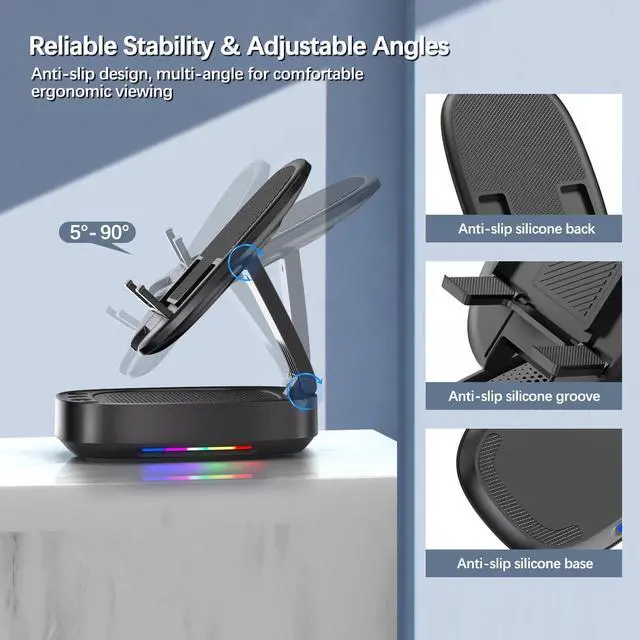 Alt view image 3 of 7 - Cell Phone Stand with Wireless Bluetooth Speaker, Unique Gifts for Men/Women, Adjustable Phone Holder with 5 LED Light Modes, Anti-Slip Base HD Surround Sound, Phone Speaker Amplifier for iPhone/iPad