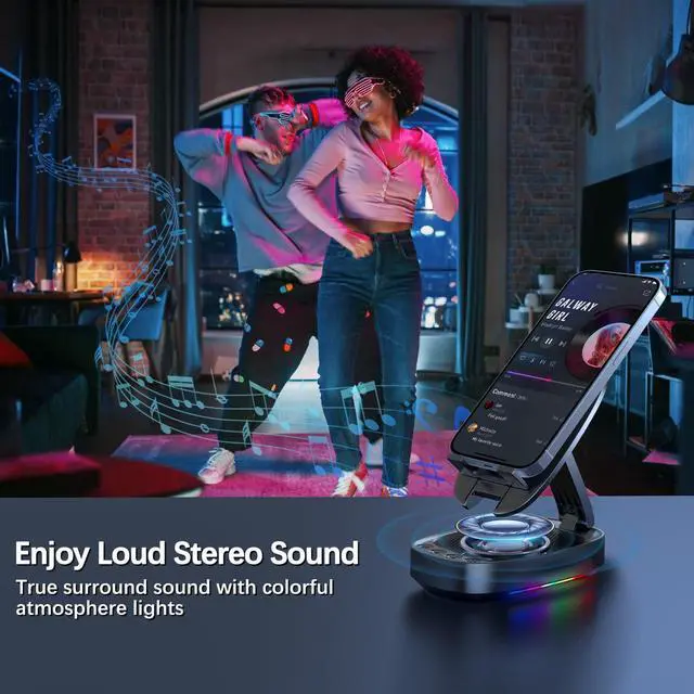 Alt view image 4 of 7 - Cell Phone Stand with Wireless Bluetooth Speaker, Unique Gifts for Men/Women, Adjustable Phone Holder with 5 LED Light Modes, Anti-Slip Base HD Surround Sound, Phone Speaker Amplifier for iPhone/iPad