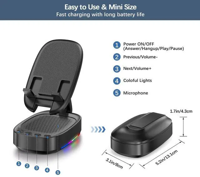 Alt view image 6 of 7 - Cell Phone Stand with Wireless Bluetooth Speaker, Unique Gifts for Men/Women, Adjustable Phone Holder with 5 LED Light Modes, Anti-Slip Base HD Surround Sound, Phone Speaker Amplifier for iPhone/iPad