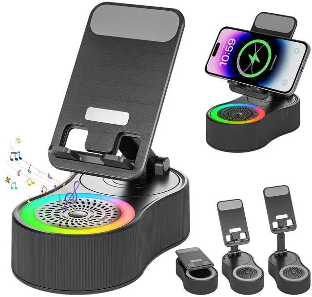 Main image of Cell Phone Stand with Bluetooth Speaker - Wireless Bluetooth Speaker with 360° Rotatable Phone Holder, Multifunctional Adjustable Stand with Charging Compatible with Tablet for Home Desk (Black)
