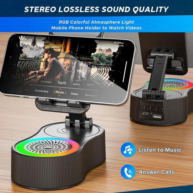 Alt view image 3 of 7 - Cell Phone Stand with Bluetooth Speaker - Wireless Bluetooth Speaker with 360° Rotatable Phone Holder, Multifunctional Adjustable Stand with Charging Compatible with Tablet for Home Desk (Black)